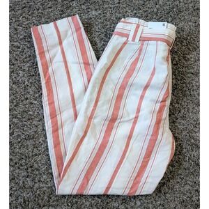 Express Ankle High Rise Paperbag Pants Ivory Red Stripes Size 6L Linen Blend NWT